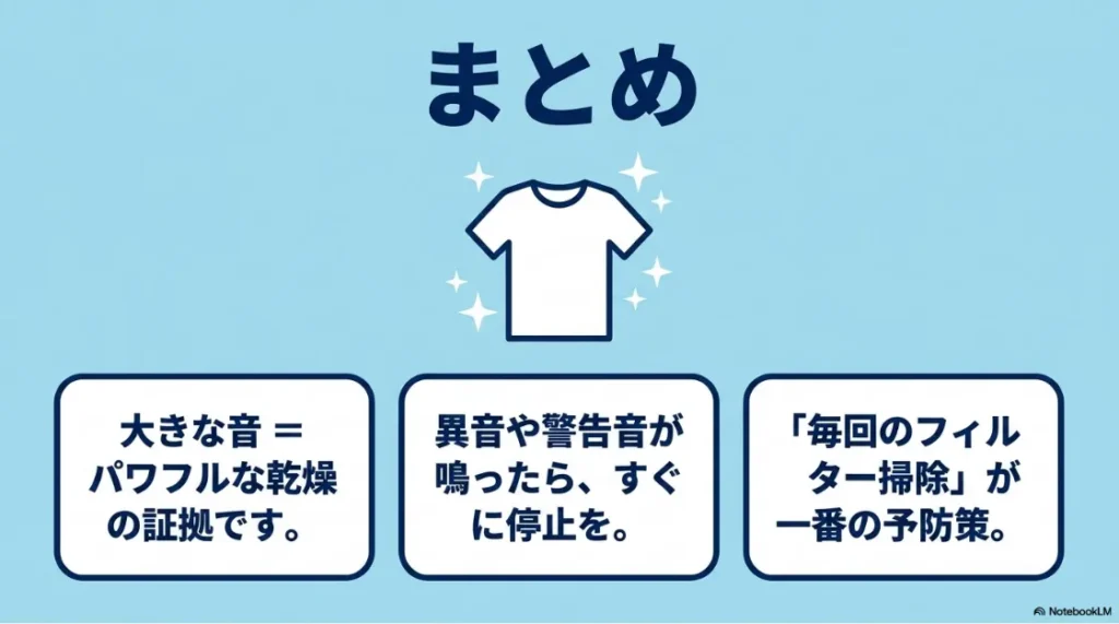 大きな音はパワフルな乾燥の証拠、異音時の即停止、毎回のフィルター掃除の重要性をまとめた最終スライド