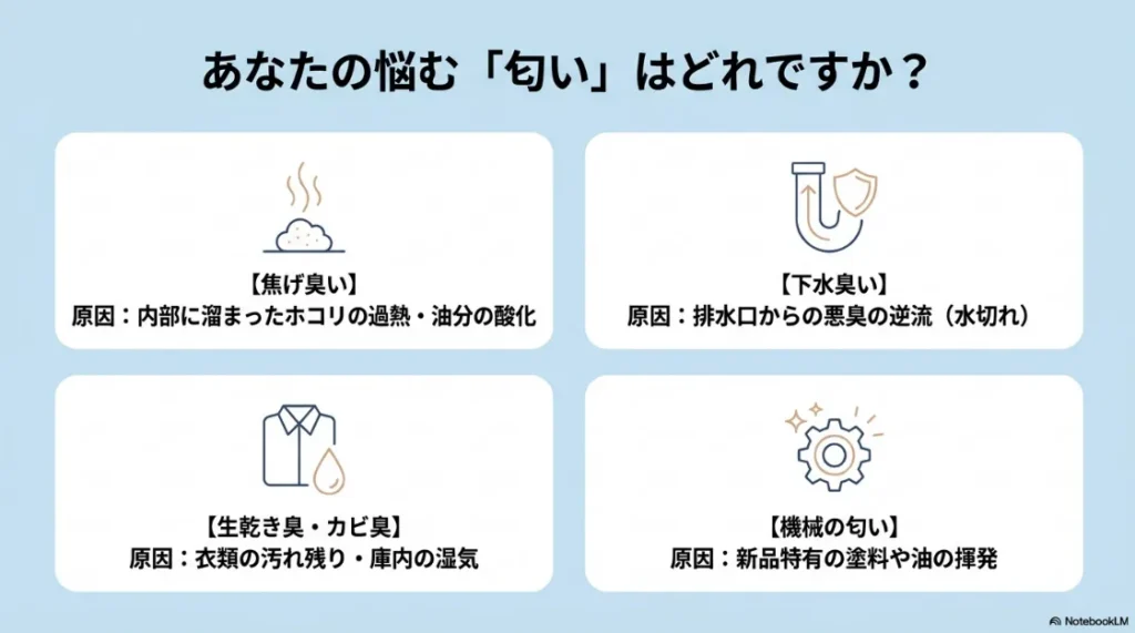 乾太くんの4つの匂い（焦げ臭い、下水臭い、生乾き・カビ臭、機械の匂い）とその原因をまとめた図解。