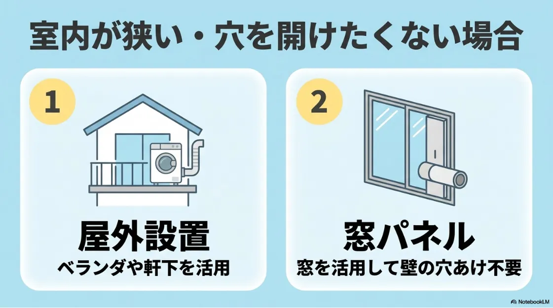 室内が狭い・穴を開けたくない場合の対策。ベランダ等の屋外設置、または窓パネルを活用した設置方法。
