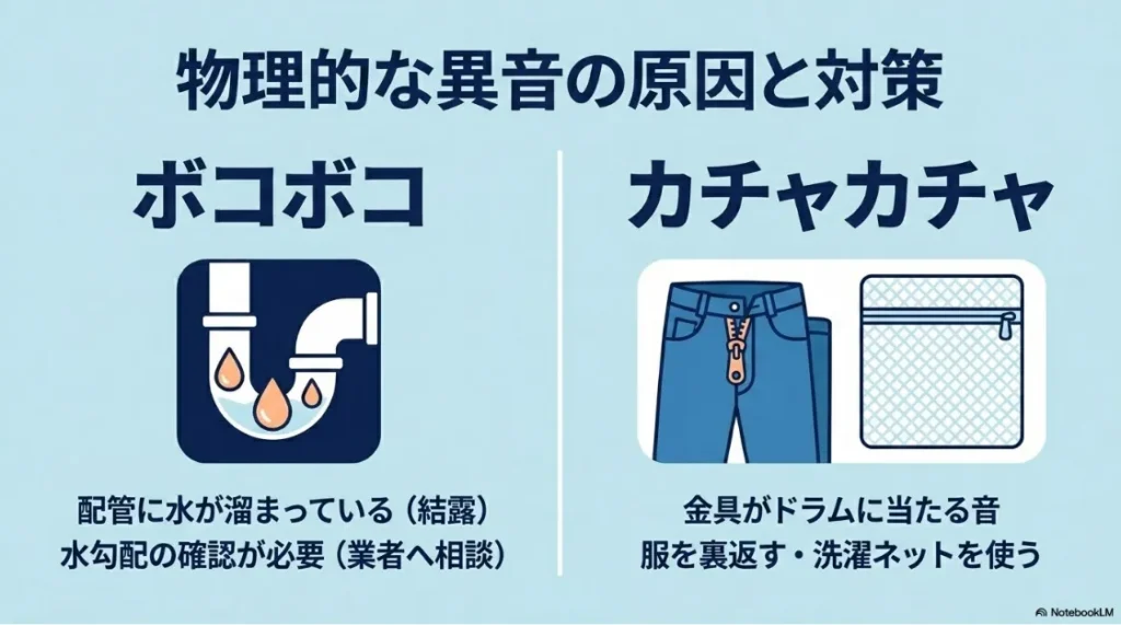配管の水溜まりによるボコボコ音と、金具の接触によるカチャカチャ音の原因や対策を説明するイラスト付きスライド