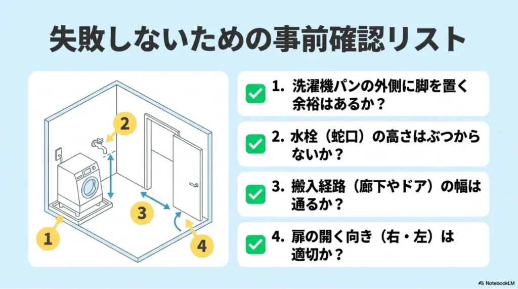 失敗しないための事前確認リスト。洗濯機パンの余裕、水栓の高さ、搬入経路の幅、扉の開く向きの4項目。
