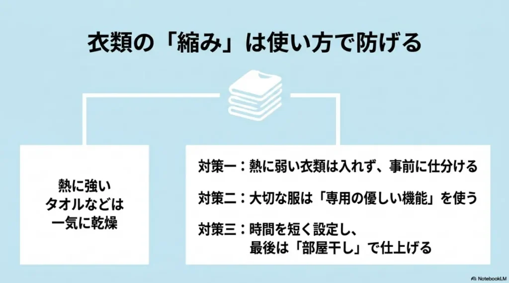 衣類の縮みを防ぐ3つの対策（事前の仕分け、専用コースの活用、短時間設定と部屋干しの併用）。
