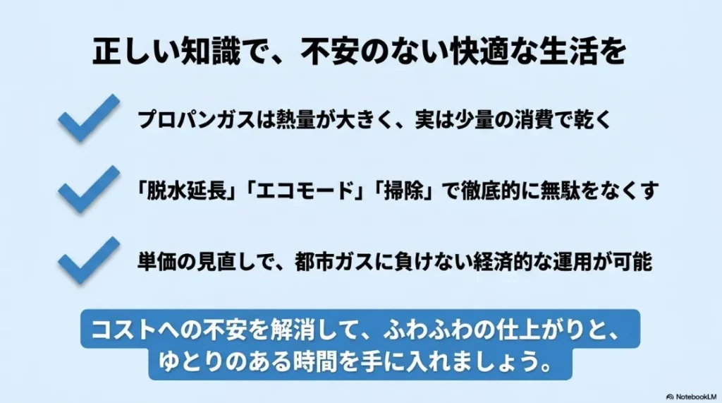 正しい知識で不安を解消するためのまとめ。熱量の大きさ、節約術の活用、単価見直しの重要性を振り返る最終スライド