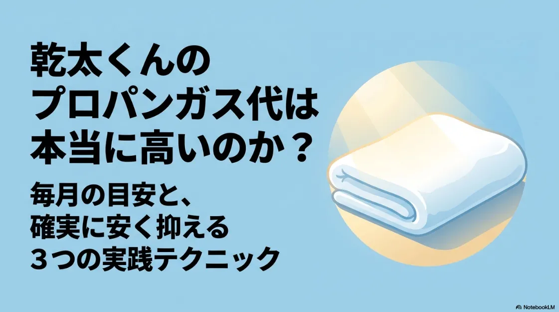 乾太くんのプロパンガス代節約ガイド。毎月の目安と安く抑える3つのテクニックを紹介する表紙スライド