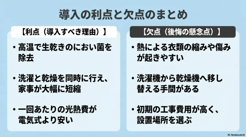 乾太くんのメリット（除菌・時短・安価な光熱費）とデメリット（衣類の痛み・移し替えの手間・初期費用）の比較。