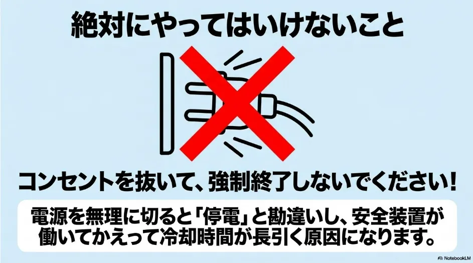 乾太くんの冷却運転中にコンセントを抜くと停電安全装置が働き、冷却時間が長引くことを示す注意