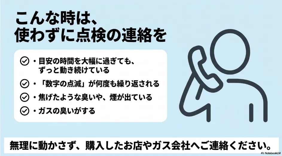 規定時間の超過、数字の点滅、焦げ臭さや煙、ガス臭がある場合は使用を中止して点検を依頼する案内