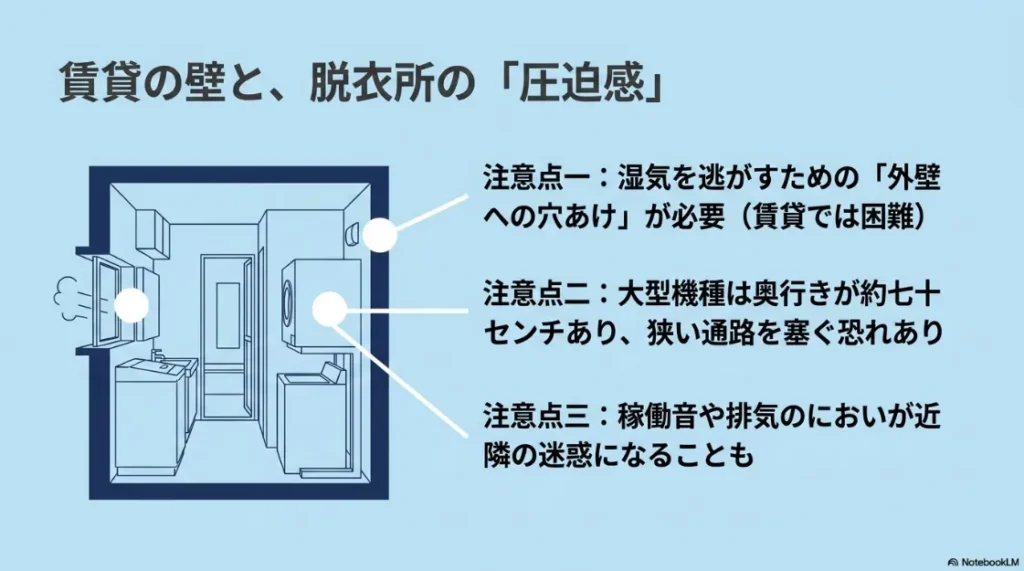 賃貸での設置に関する注意点（外壁の穴あけ、本体の奥行きによる圧迫感、騒音と排気の近隣トラブル