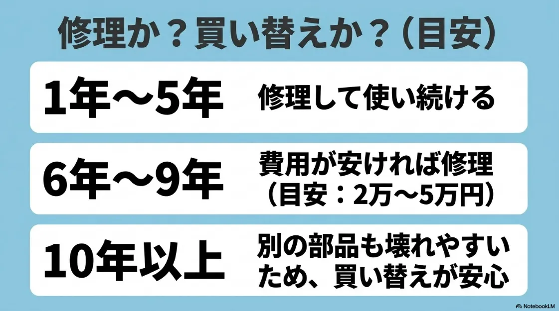 設置年数(1〜5年、6〜9年、10年以上)に応じた修理と買い替えの判断基準をまとめた目安表。
