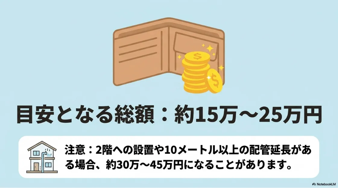 乾太くん後付け費用の目安。総額約15万〜25万円、2階設置や配管延長がある場合は約30万〜45万円。