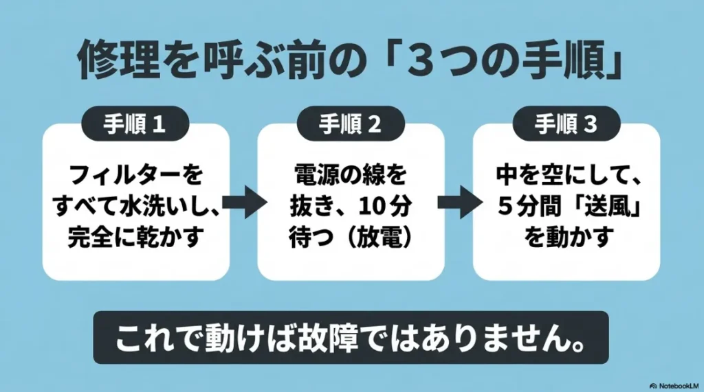 修理を呼ぶ前の3つの手順。フィルター水洗い、放電(コンセント抜き)、空での送風運転の手順を解説した図解。
