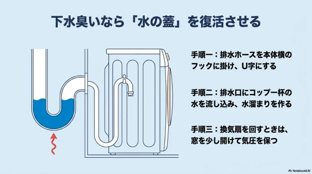 下水臭を防ぐ「水の蓋（封水）」の復活手順。排水ホースをU字に固定し、水を流し込む図解。