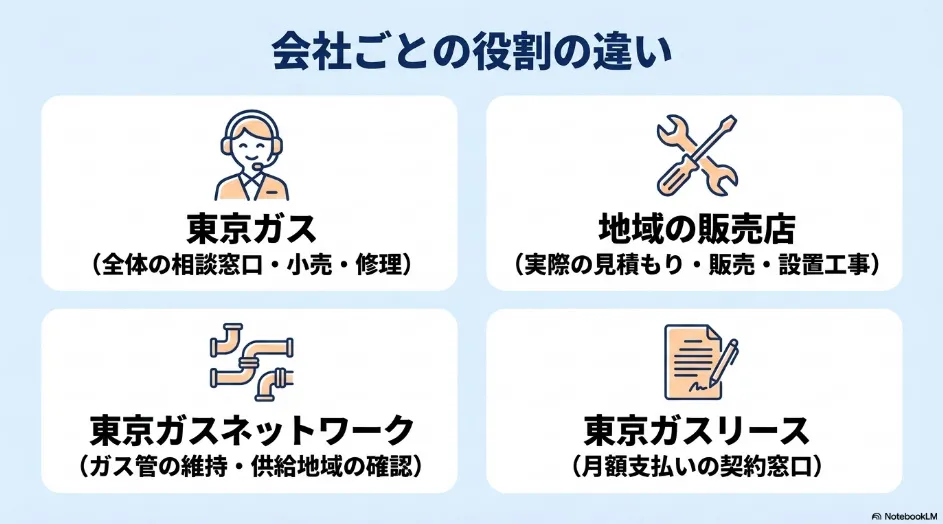 東京ガス、地域の販売店、東京ガスネットワーク、東京ガスリースの役割の違い