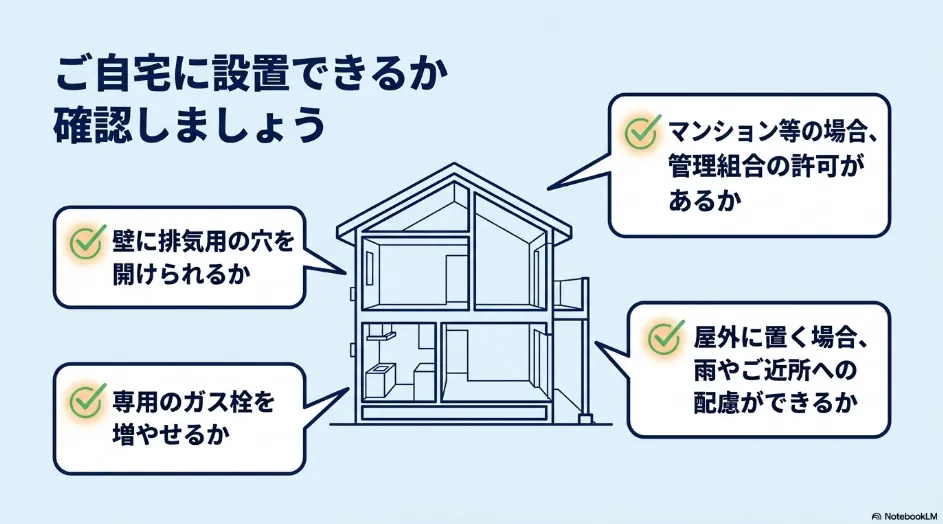 乾太くん設置前に排湿穴、専用ガス栓、管理組合の許可、屋外環境を確認するチェックリスト