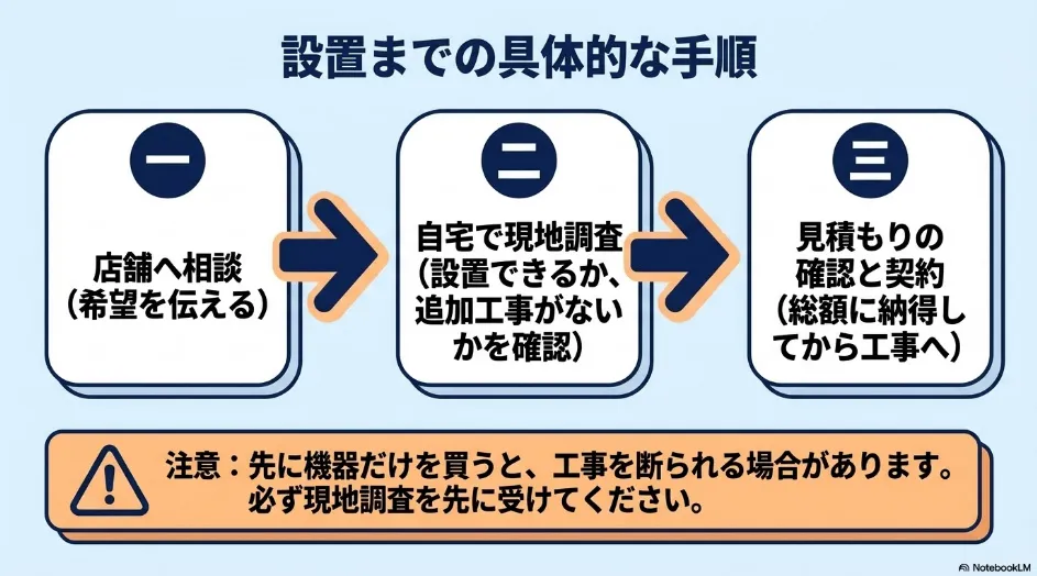 店舗への相談、現地調査、見積もり確認と契約の順で進む乾太くんの設置手順
