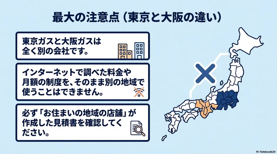 東京ガスと大阪ガスは別会社で提供地域や料金、リース制度が異なることを示す日本地図