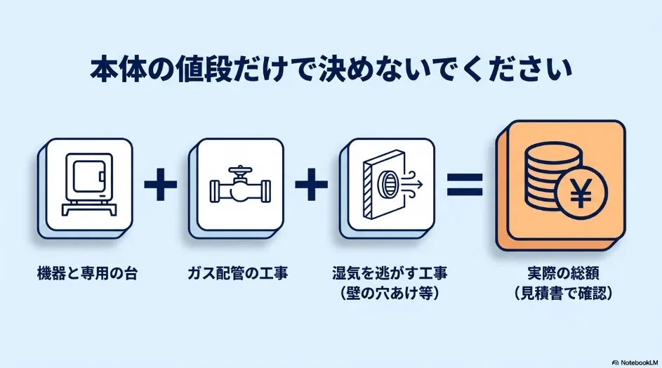 乾太くんの本体と専用台、ガス配管工事、排湿工事を合算して総額を確認する図