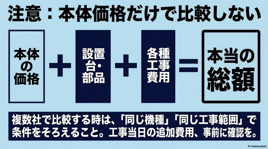 乾太くんの本体価格に設置台や部品と各種工事費用を加えて導入総額を比較する図