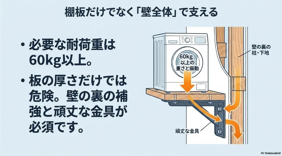 耐荷重60kg以上を棚板・固定金具・壁下地で支える乾太くん造作棚の構造図
