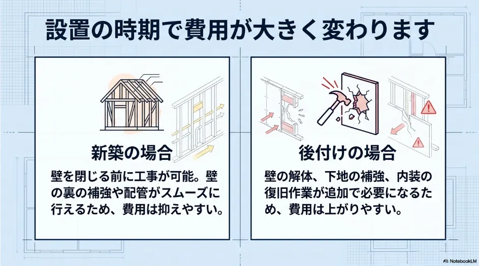 乾太くん造作棚の新築設置と後付け工事で費用が変わる理由を比較した図