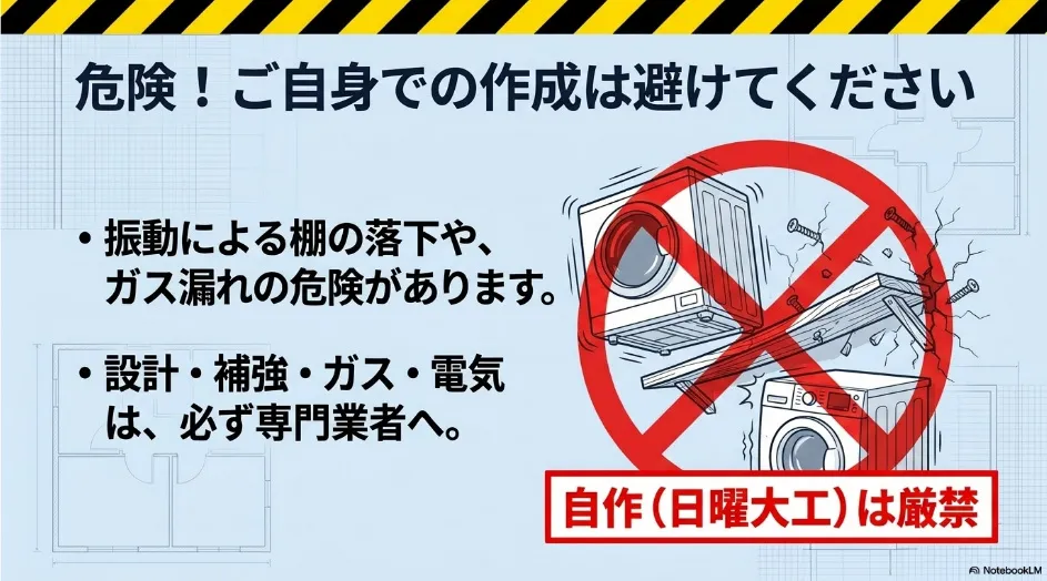 乾太くん造作棚のDIYによる棚の落下やガス漏れの危険を示した注意喚起スライド
