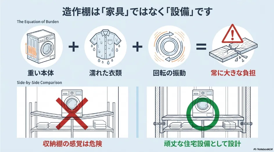乾太くん本体・濡れた衣類・運転時の振動が造作棚へ継続的な負荷をかける図解