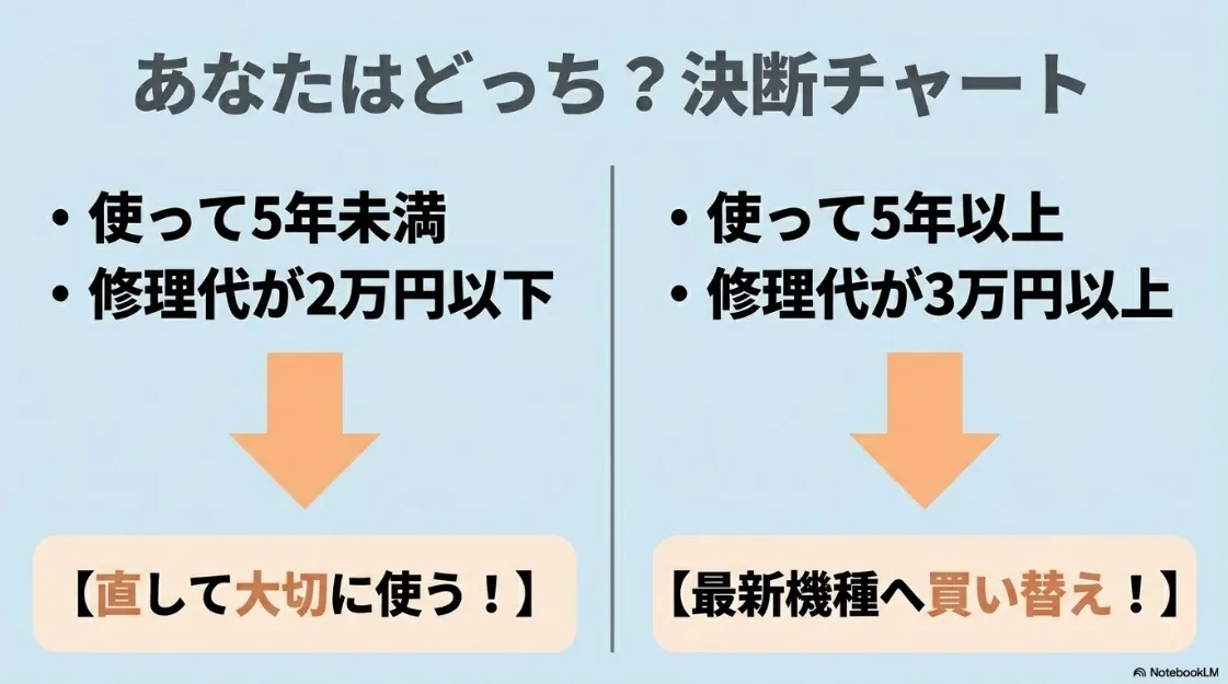 修理代金2万円以下なら修理、3万円以上や5年以上使用なら買い替えを推奨する判断チャート