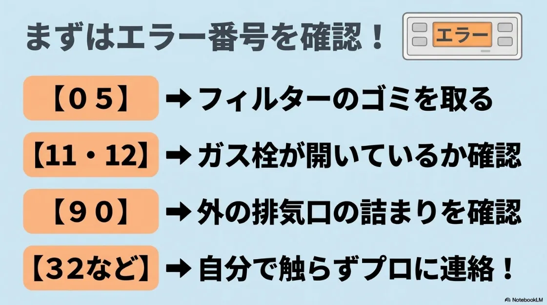 乾太くんのエラー番号05、11・12、90の対処法とプロに依頼すべき32などの解説