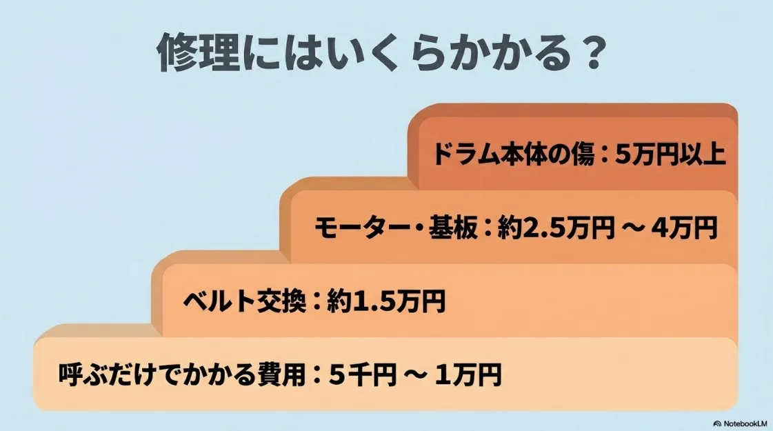 ドラム、モーター、ベルトなど乾太くんの部品別修理費用と出張費の目安一覧