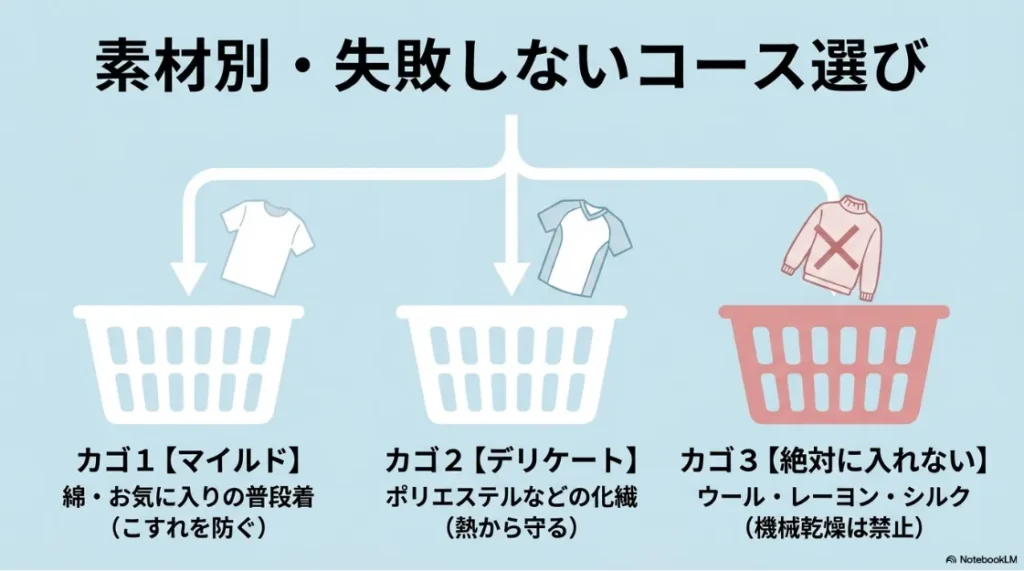 「素材別・失敗しないコース選び」の解説スライド 。綿や普段着はマイルド（こすれを防ぐ） 、化繊はデリケート（熱から守る） 、ウール・レーヨン・シルクは絶対に入れない（機械乾燥禁止）  という3つのカゴに分けた仕分け図。