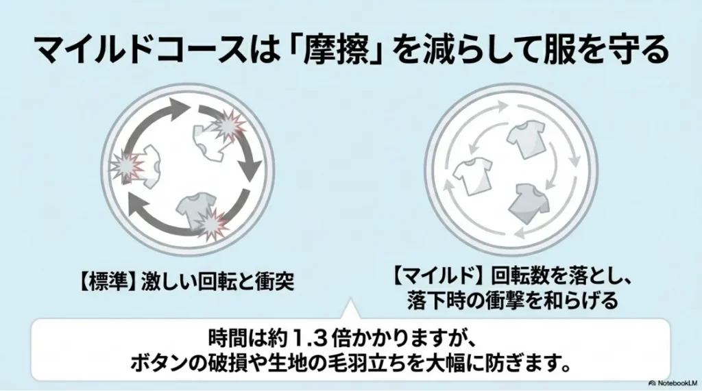 マイルドコースは「摩擦」を減らして服を守る仕組みの図解 。標準コースの激しい回転と衝突 に対し、マイルドコースは回転数を落として落下時の衝撃を和らげる点 、時間は約1.3倍かかるがボタン破損や生地の毛羽立ちを大幅に防ぐ点  の比較。