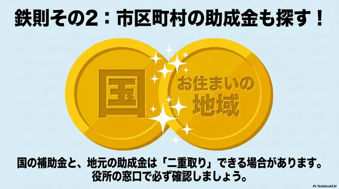 国の補助金と自治体の助成金を二重取りできる可能性について、役所への確認を促すスライド。