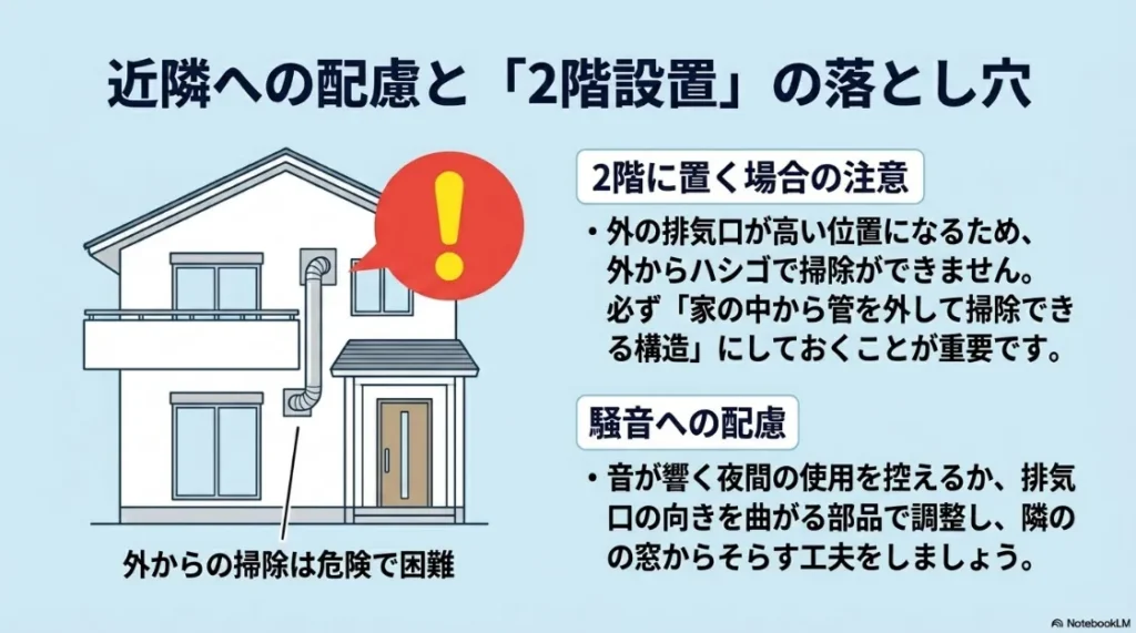 2階設置時の注意点（屋内からの掃除しやすさ）と、騒音や湿気による近隣への配慮・対策をまとめた図解。
