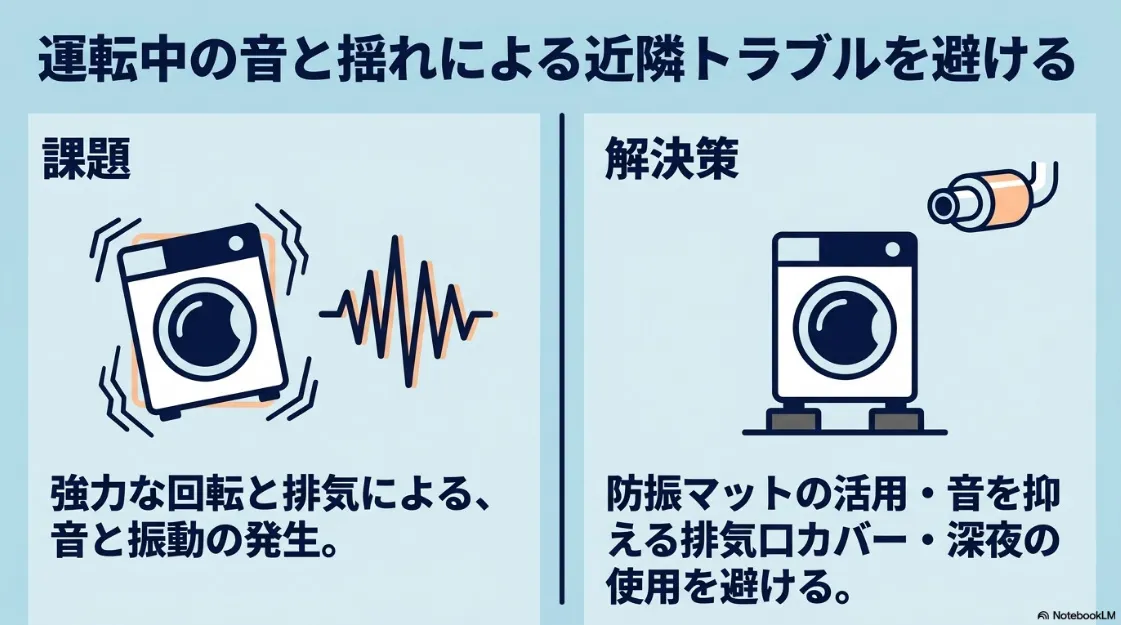 乾太くんの運転音と振動による近隣トラブルを防ぐ解決策（防振マット・排気口カバー・深夜使用回避）のスライド