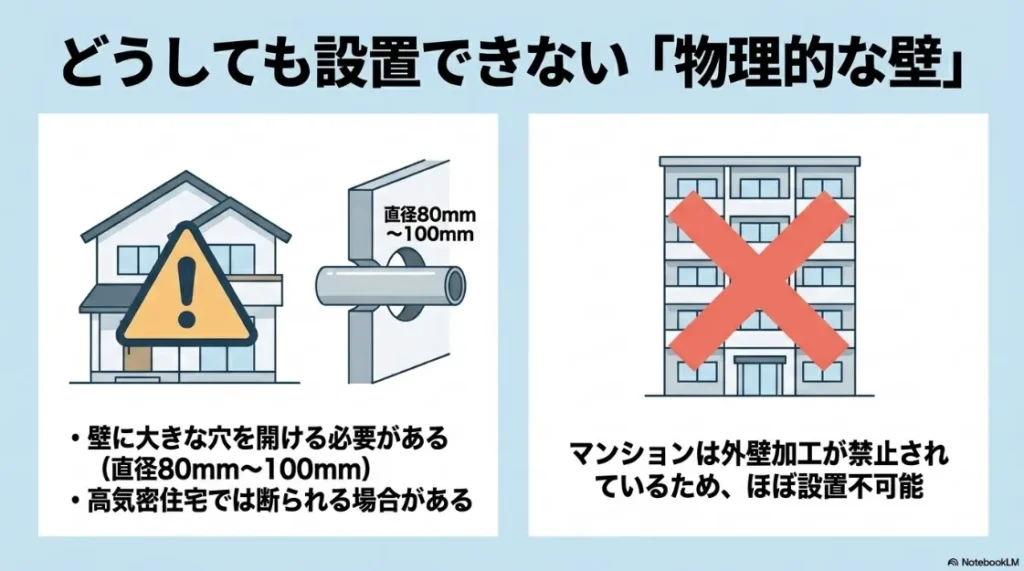 乾太くん設置の物理的な壁。外壁への80〜100mmの穴あけ工事やマンションの管理規約による制限を解説。