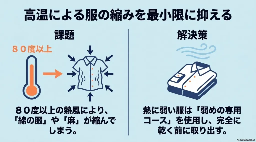 80度以上の熱風による衣類の縮みを最小限に抑える方法（専用コースの活用と早期取り出し）の解説スライド