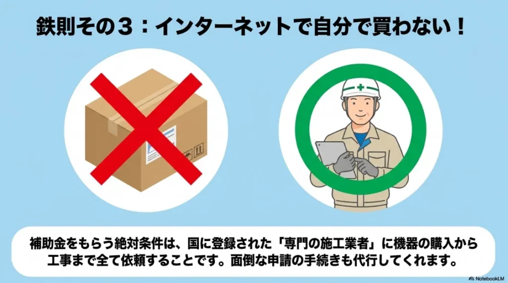インターネットでの自己購入（施主支給）は補助金対象外となり、登録された専門業者への依頼が必須であることを説明するスライド。