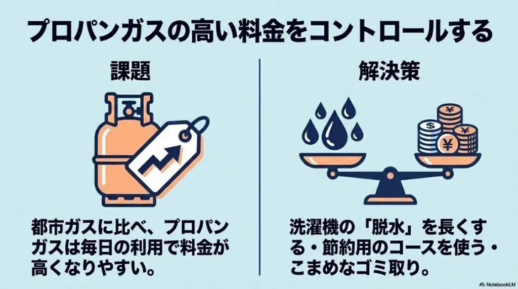プロパンガス料金を節約するコツ（長めの脱水・節約コース・フィルター清掃）のまとめスライド