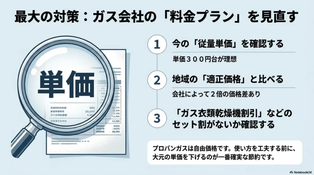 ガス料金プラン見直しの3ステップ。今の単価確認、適正価格との比較、セット割の確認を推奨するスライド
