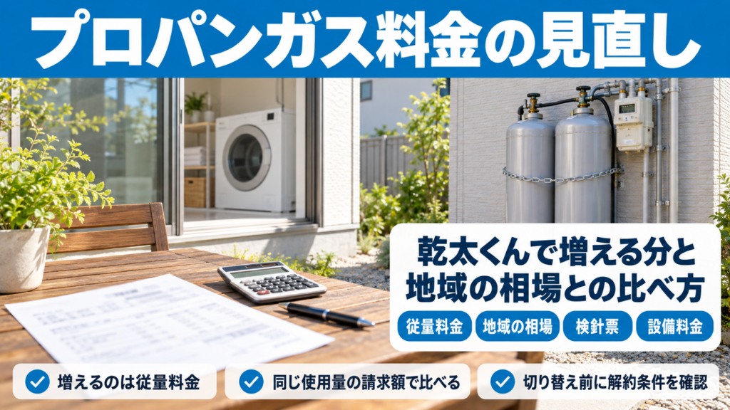 LPガスのボンベと検針票と電卓が並ぶ家の外まわり