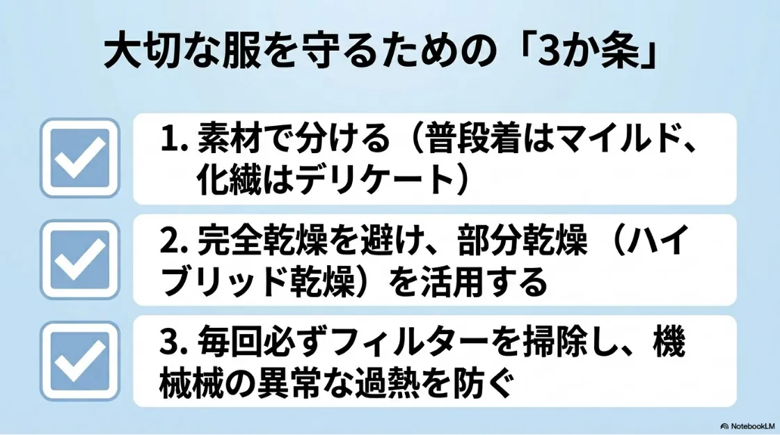 大切な服を守るための「3か条」のまとめスライド 。1.素材で分ける（普段着はマイルド、化繊はデリケート） 、2.完全乾燥を避け部分乾燥（ハイブリッド乾燥）を活用 、3.毎回フィルターを掃除し機械の異常な過熱を防ぐ  という3つの要点。