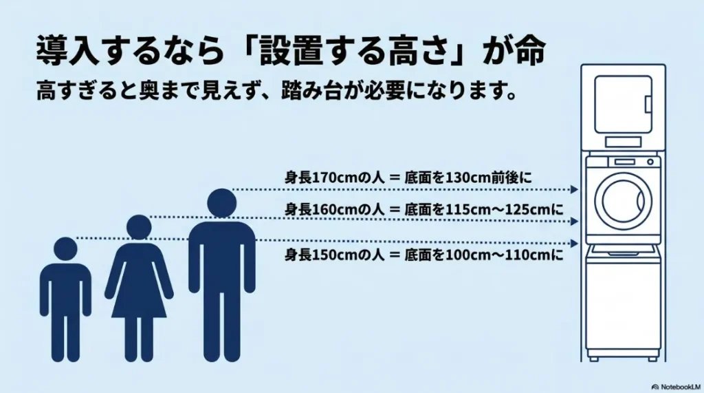 乾太くんの理想の設置高さ。身長150cmから170cm以上の人それぞれの推奨される底面の高さ。