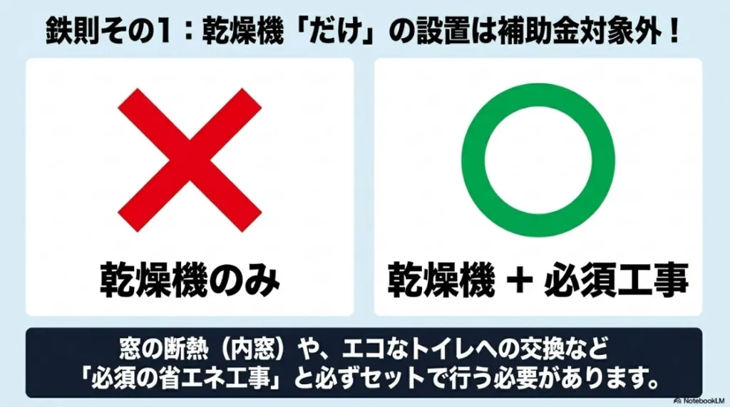 乾燥機単体の設置は補助金対象外であり、窓の断熱やエコトイレなどの必須工事とセットで行う必要があることを示すスライド。