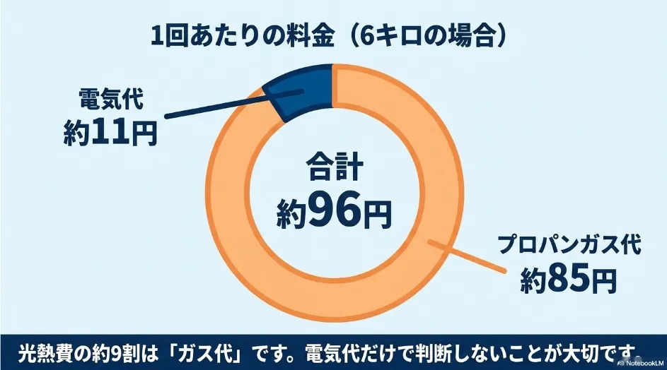 乾太くん6kgモデルの1回あたりの電気代約11円、LPガス代約85円、合計約96円を示した円グラフ