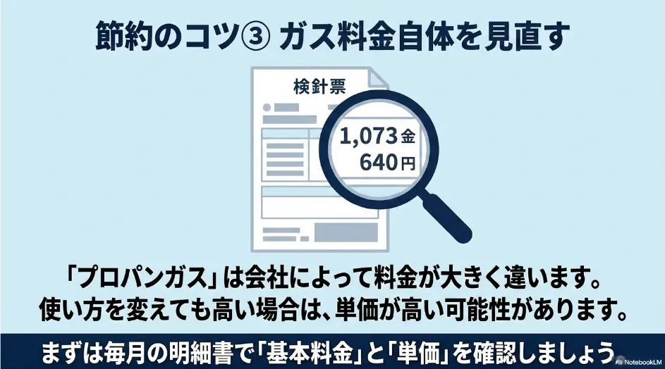 LPガスの検針票で基本料金や従量単価を確認し、ガス料金を見直す方法を示した図