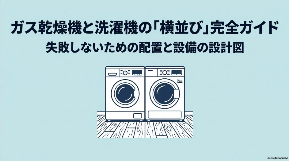 ガス衣類乾燥機と洗濯機を横並びにした配置と、失敗しないための設備計画を示すタイトルスライド