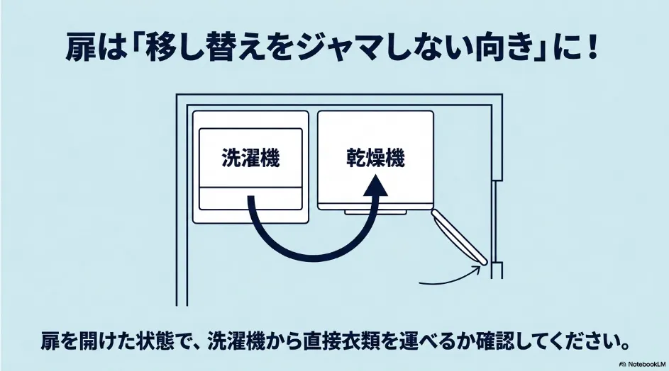 洗濯機から乾太くんへ衣類を移す動線を妨げない扉の開き方を示す平面図