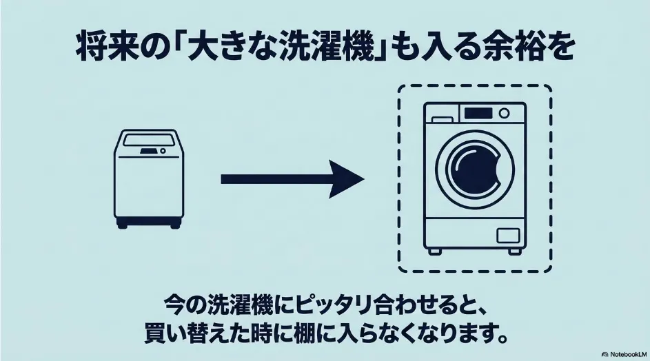 将来、現在より大きな洗濯機へ買い替えられるように設置スペースへ余裕を確保する説明図
