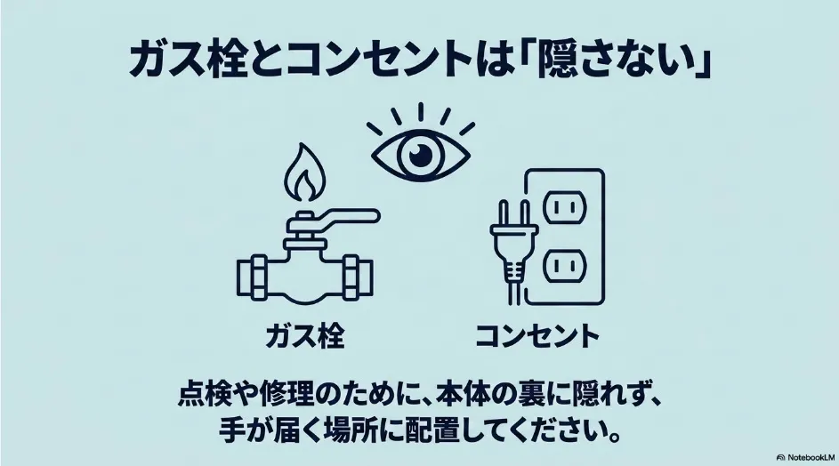 ガス栓とコンセントを乾太くんの裏へ隠さず、点検できる位置に配置する説明図