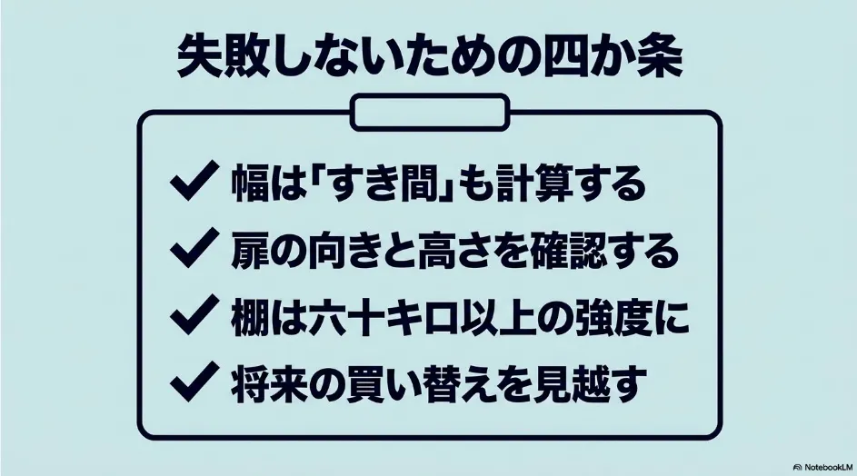 乾太くんの横並びで確認する必要幅、扉と高さ、造作棚の強度、将来の買い替えの4項目